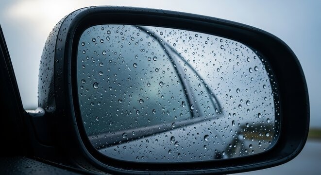 Rainy Day Car Side Mirror with Water Droplets Reflecting Blurry Landscape