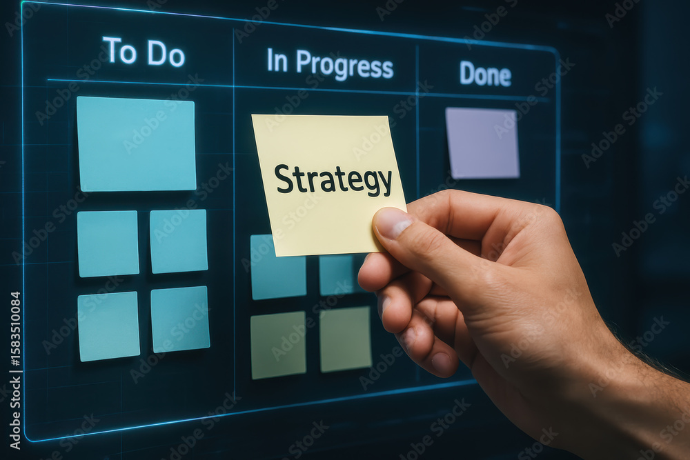 Aufkleber a moves a virtual note labeled strategy across a digital project board illustrating planning and wor