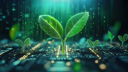 Close-up view of circuit board with microchip and plant sprout taken on white background