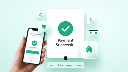Payment Success Illustration with Mobile App and Hand Showing Completion of a Transaction