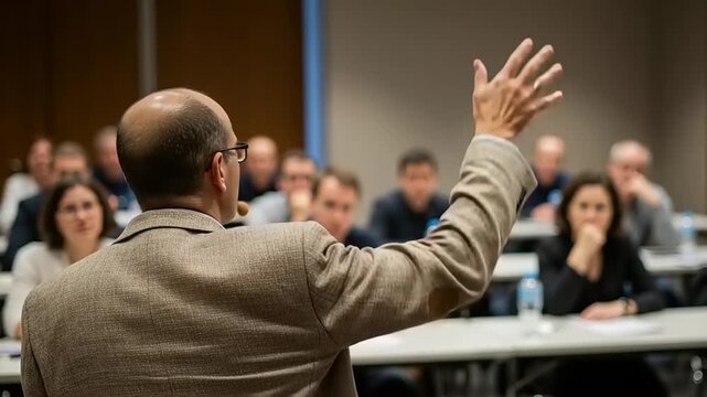 Speaker addresses an audience in a brightly lit room with rows of tables attentive listeners engaged in the presentation