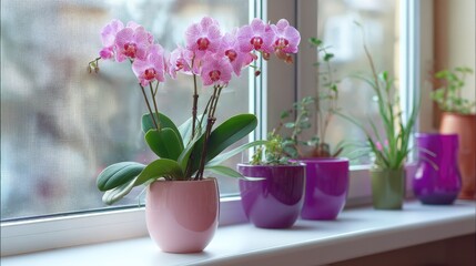 Fototapeta na wymiar Pink orchids and other plants in various colored pots on a windowsill.