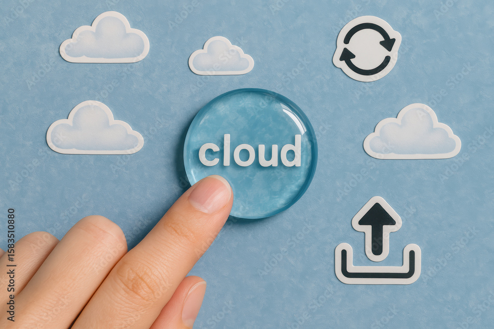 Poster strategic interaction with cloud technology icons symbolizes data synchronization and digital workfl