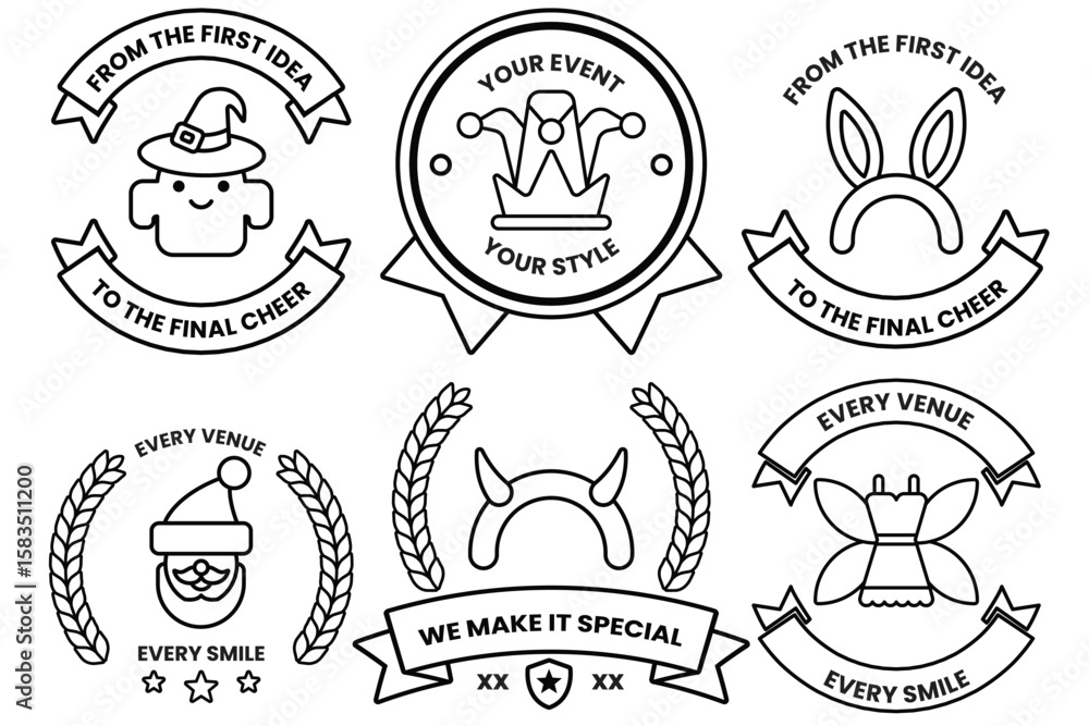 Poster set of illustrations in party and event concepts in line drawing style