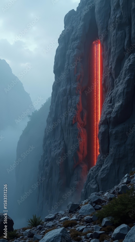 Poster vertical glowing server tower built into mountain rock, symbol of long-term secure data storage and 