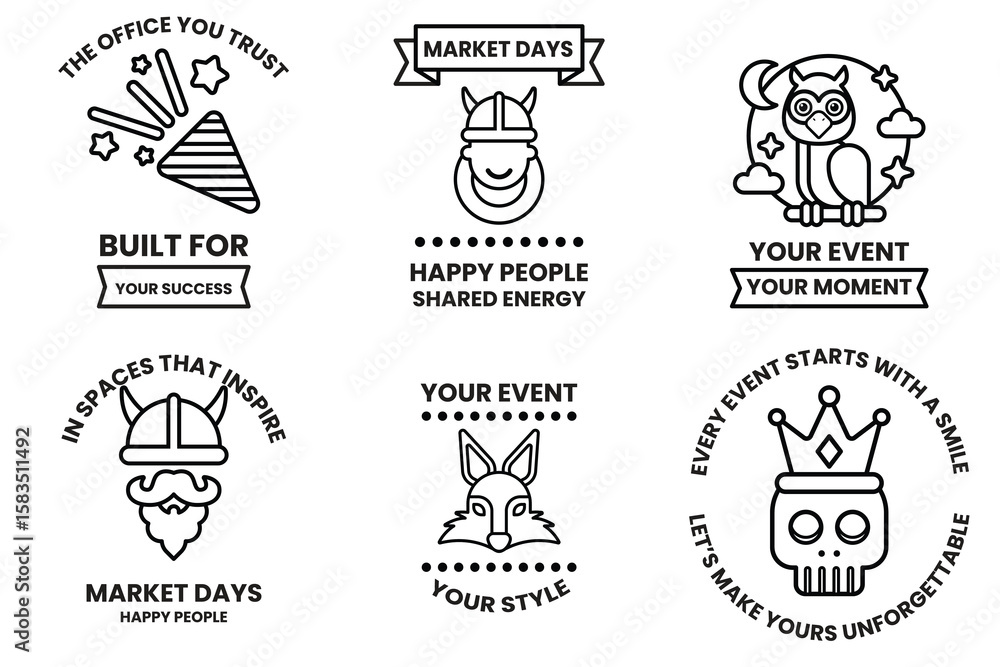 Poster set of illustrations in party and event concepts in line drawing style
