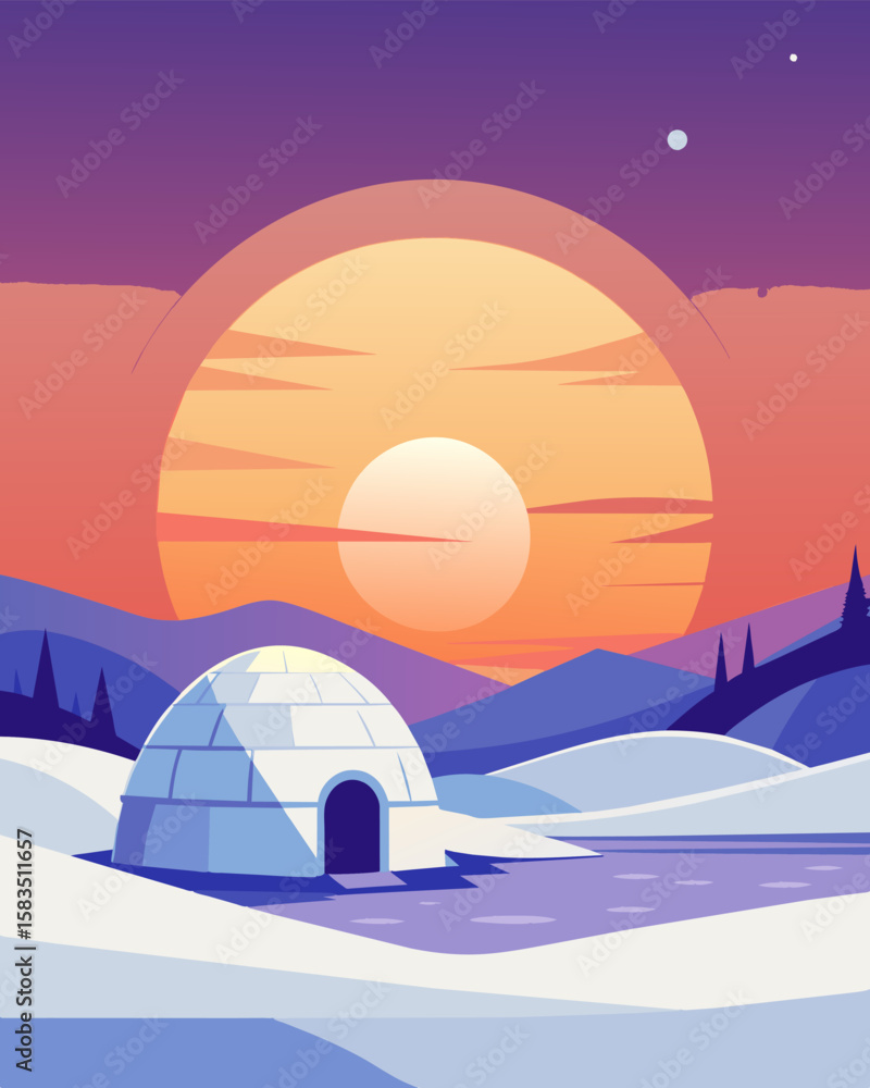 Poster the sun setting over a snowy landscape with a solitary igloo in the distance representing a peaceful