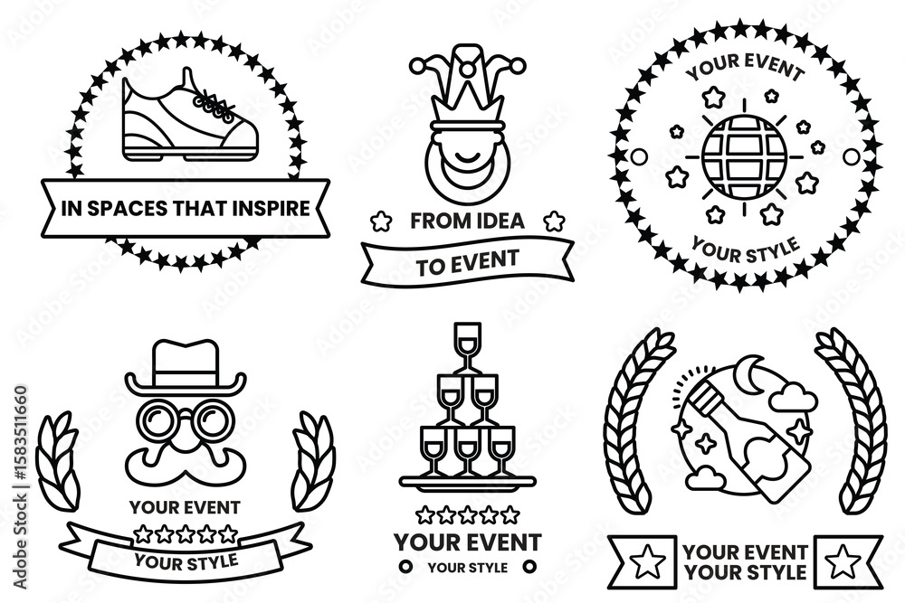 Poster set of illustrations in party and event concepts in line drawing style