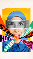 Paper cut collage portrait of strong woman in hijab with empowering words and bold expression....