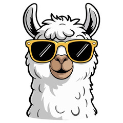 Funny cartoon llama animal wearing sunglasses with a happy smile.