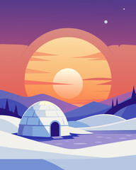 The sun setting over a snowy landscape with a solitary igloo in the distance representing a peaceful remote work setup.. Vector illustration