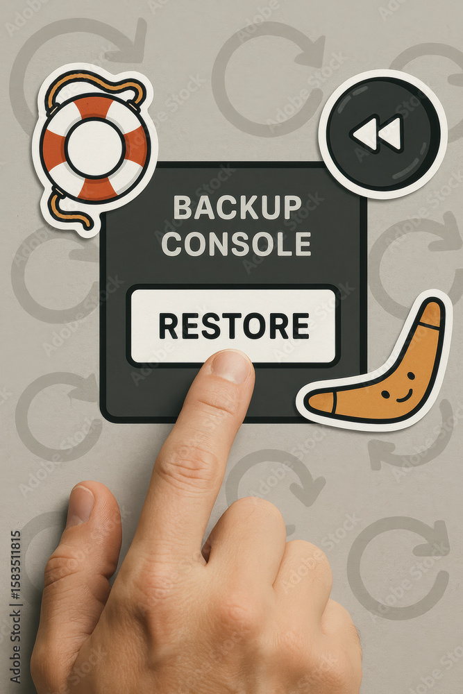 Poster a presses the restore button on a backup console symbolizing data recovery and system safety