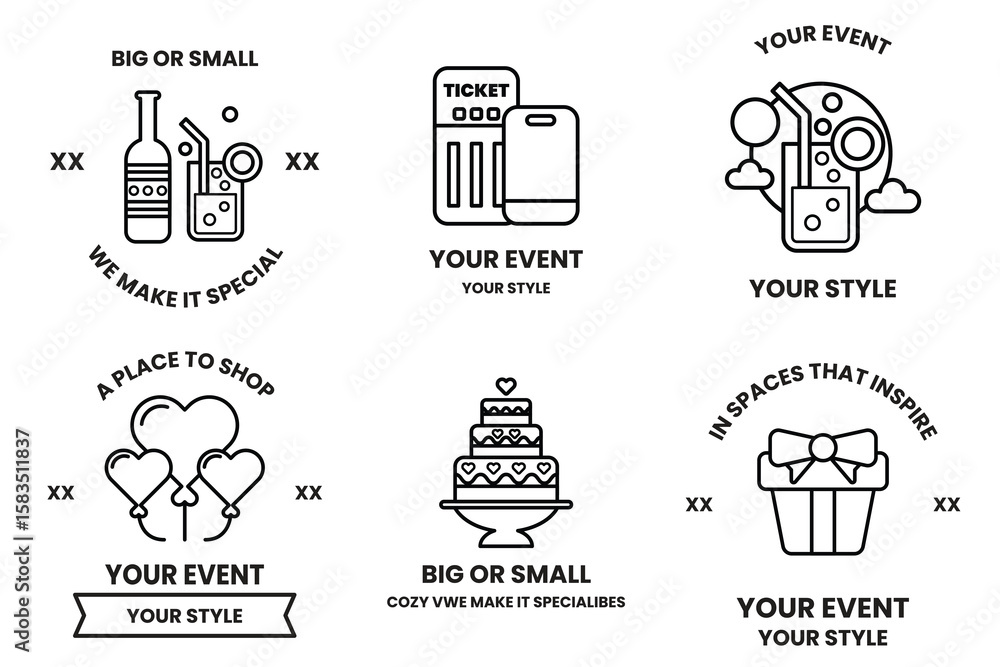 Poster set of illustrations in party and event concepts in line drawing style