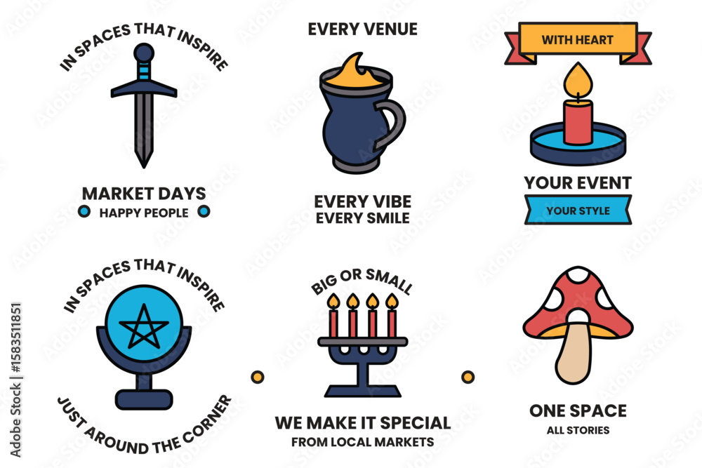 Poster set of illustrations in party and event concepts in line drawing style