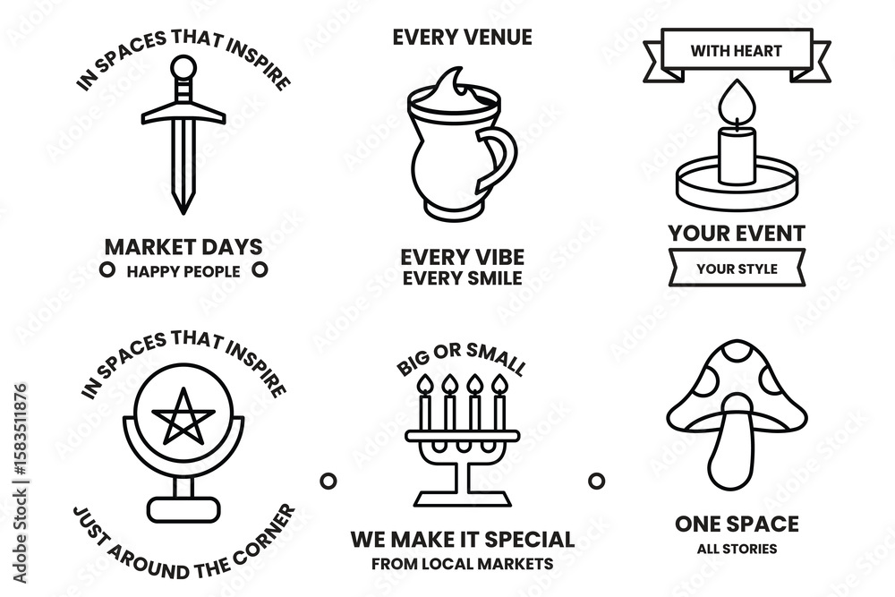 Poster set of illustrations in party and event concepts in line drawing style