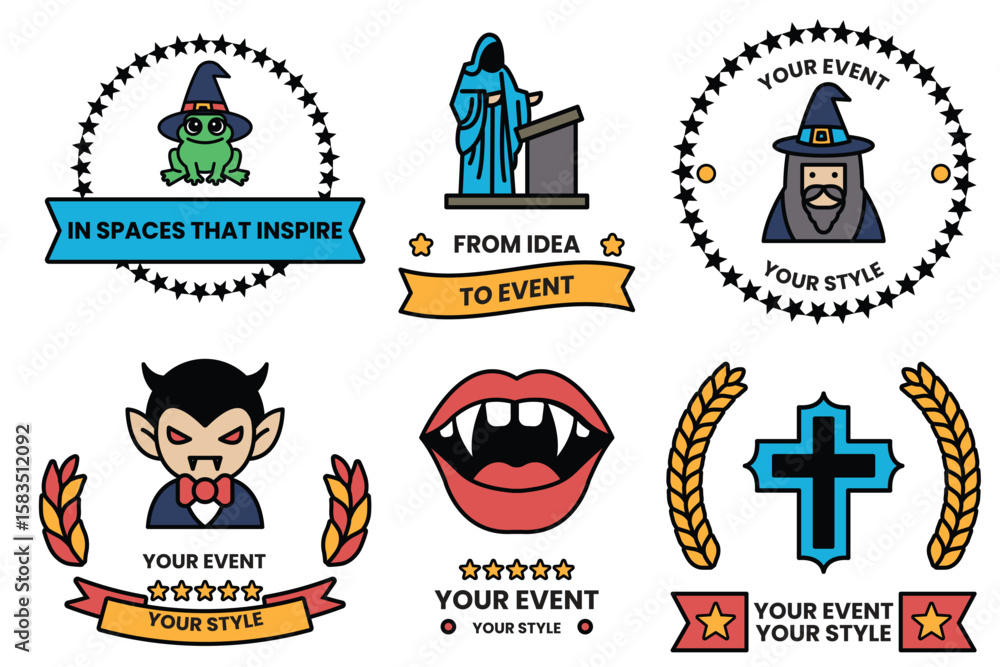 Poster set of illustrations in party and event concepts in line drawing style