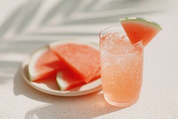 flat-lay of fresh watermelon slices tall iced tea glass and cooling hand fan on white terrace table