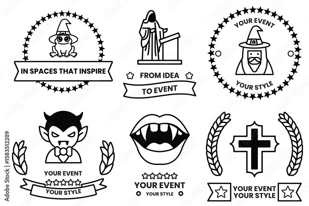 Poster set of illustrations in party and event concepts in line drawing style