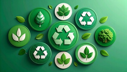 Green circular icons with leaves and recycle symbols on a green background
