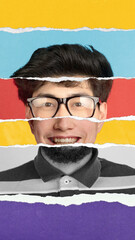 Layered composition. Portrait of smiling young man with multicolored textures and positive...