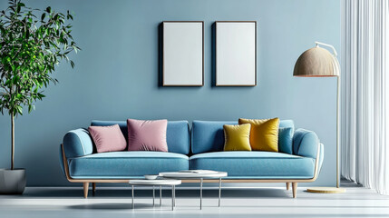 scandinavian interior design of modern living room with blue sofa