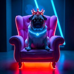Royal pug sitting neon throne high resolution picture