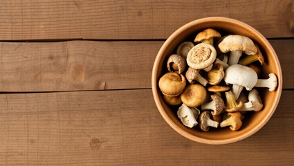 Fototapeta premium wild mushrooms copy space foraged mushrooms mushroom assortment culinary photography gourmet food natural light rustic kitchen top-down view organic ingredients 