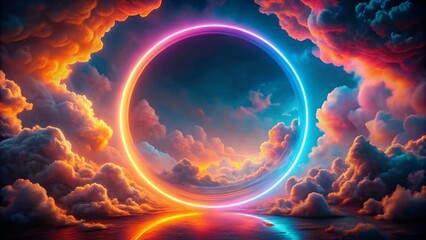 A neon ring portal frames a vibrant sunset sky with colorful clouds, creating a surreal and artistic landscape