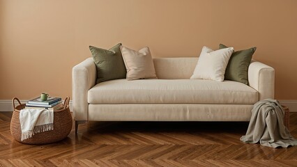 Relaxing loveseat with soft pillows and a basket positioned near a pale wall