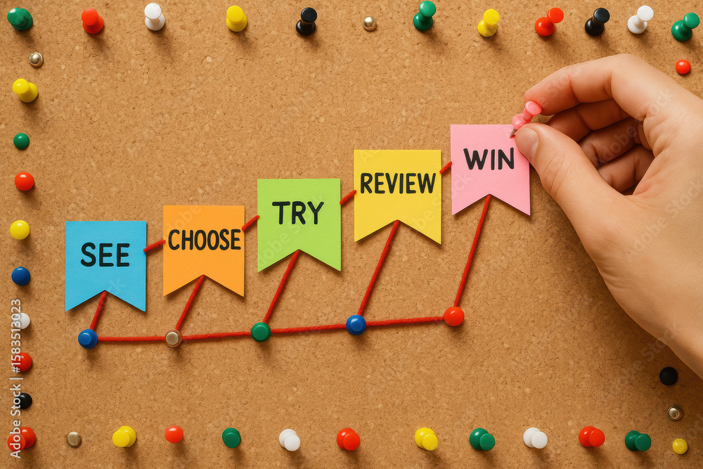 Poster a arranges colorful flag-shaped tabs on a corkboard connected by yarn illustrating a step-by-step pr