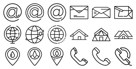 Communication Symbols Email, Globe, House, Location Pin, and Phone Handset Icons