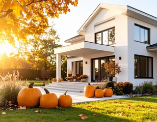 Modern House Exterior with Fall Decorations, Pumpkins, Yellow Leaves and Warm Autumn Sunlight