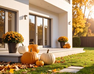 Modern House Exterior with Fall Decorations, Pumpkins, Yellow Leaves and Warm Autumn Sunlight