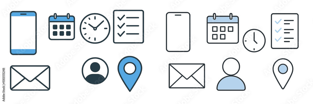 Poster collection of simple vector icons depicting mobile devices, calendars, clocks, and messages in a mod