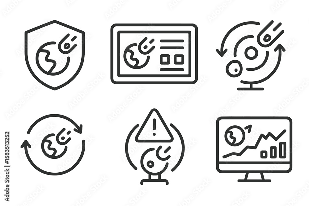 Poster graphics illustrating data protection, analytics, and global monitoring in technology
