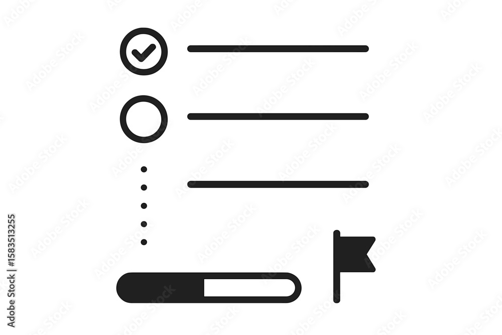Poster checklist with progress bar and flag indicating task completion for project management or organizati