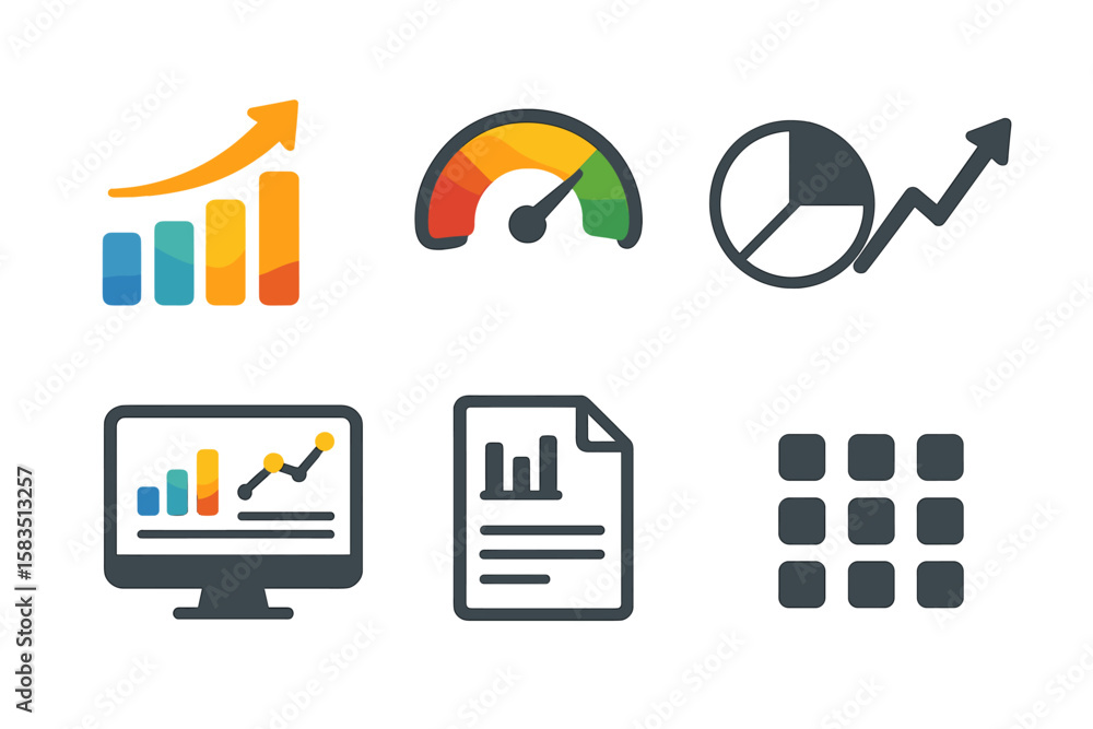 Poster data visualization tools and metrics symbols in a digital context showcasing analytical growth and p