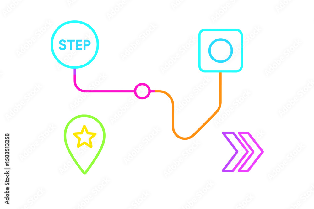 Poster visual representation of a step-by-step process with directional indicators and a location marker