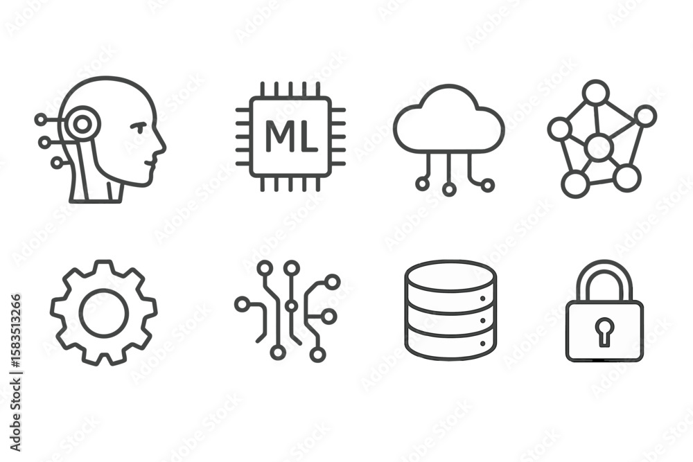 Poster different aspects of technology illustrated with icons representing machine learning, data, security