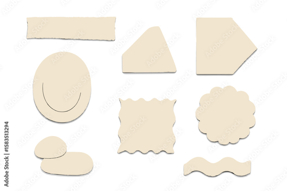 Aufkleber cut shapes in various forms and sizes arranged on a neutral background for crafting or design projec