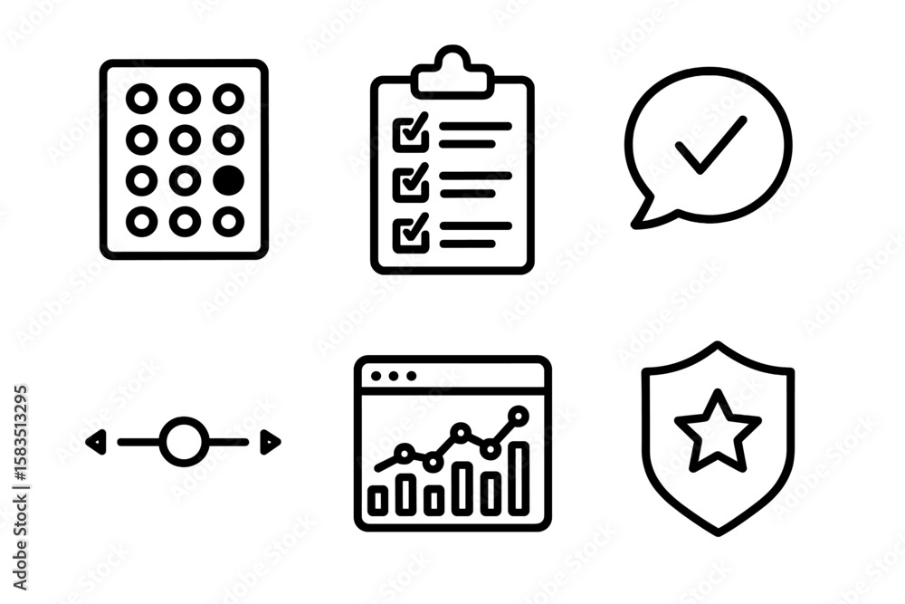 Poster collection of simple icons depicting various tasks and concepts related to management and evaluation