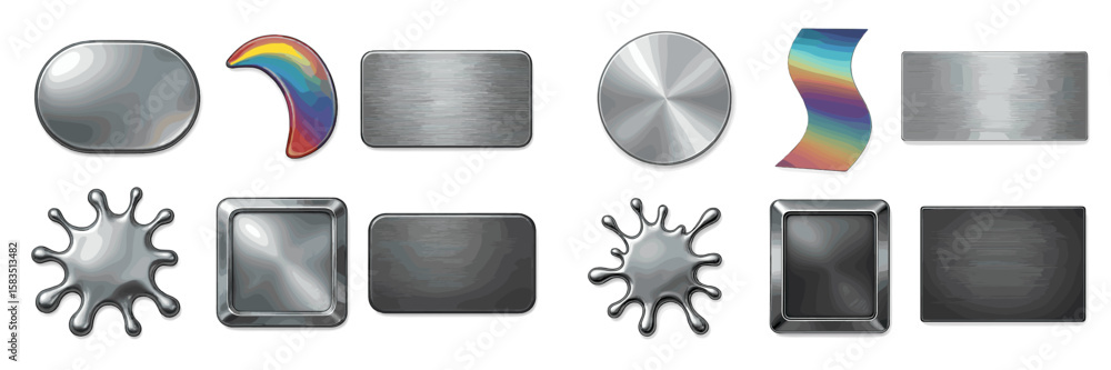 Poster metallic shapes and textures displayed on a white background showcasing various reflections and colo
