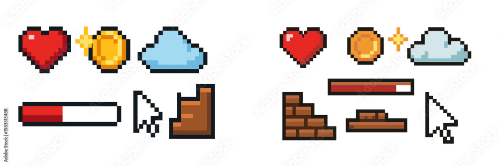 Fototapete pixel art elements showcase various game icons and user interface symbols in a vibrant and digital s