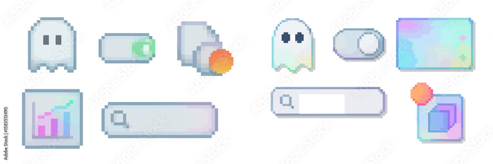 Poster colorful pixel art icons representing various digital user interface elements and features for app d