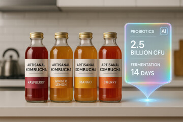 Assortment Of Fermented Beverages Displayed On Kitchen Counter With Data Overlay