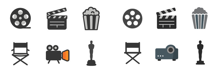 Film industry icons including reels, clapperboard, popcorn, director's chair, camera, and awards in a creative layout