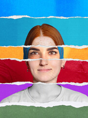 Collage portrait of young woman with red hair and confident gaze layered with colorful textures....