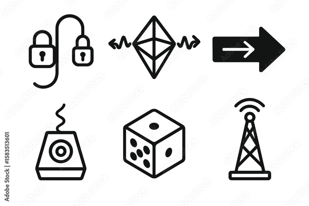 Poster various symbols representing digital communication and gaming concepts in a minimalist style