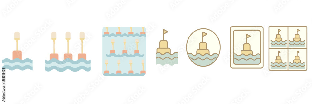 Poster colorful buoy illustrations floating on waves against a light background create a playful nautical t