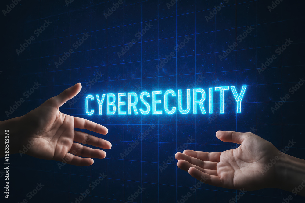 Poster two hands reach towards a glowing cybersecurity digital projection symbolizing protection and connec